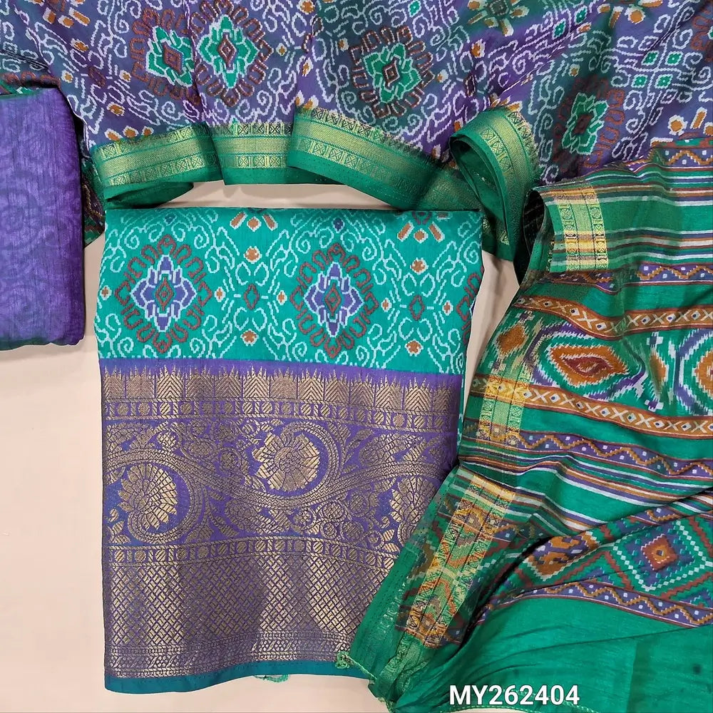 Turquoise green with dark blue ikat printed fancy silk cotton unstitched salwar material ( soft,lining needed)zari woven daman borders, printed fancy silk bottom,ikat printed full length fancy silk cotton dupatta. MY262404
