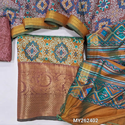 Mehandhi yellow with green tint ikat printed fancy silk cotton unstitched salwar material ( soft,lining needed)zari woven daman borders, printed fancy silk bottom,ikat printed full length fancy silk cotton dupatta. MY262402