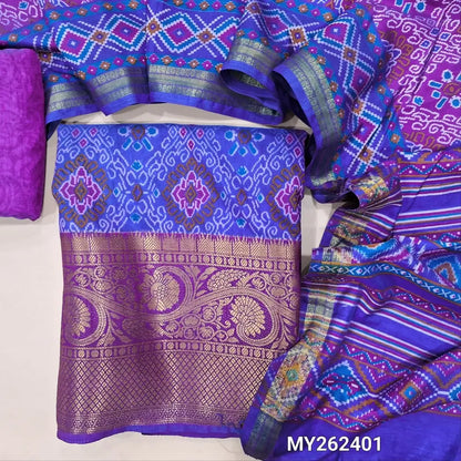 Rich royal blue with purple ikat printed fancy silk cotton unstitched salwar material ( soft,lining needed)zari woven daman borders, printed fancy silk bottom,ikat printed full length fancy silk cotton dupatta. MY262401