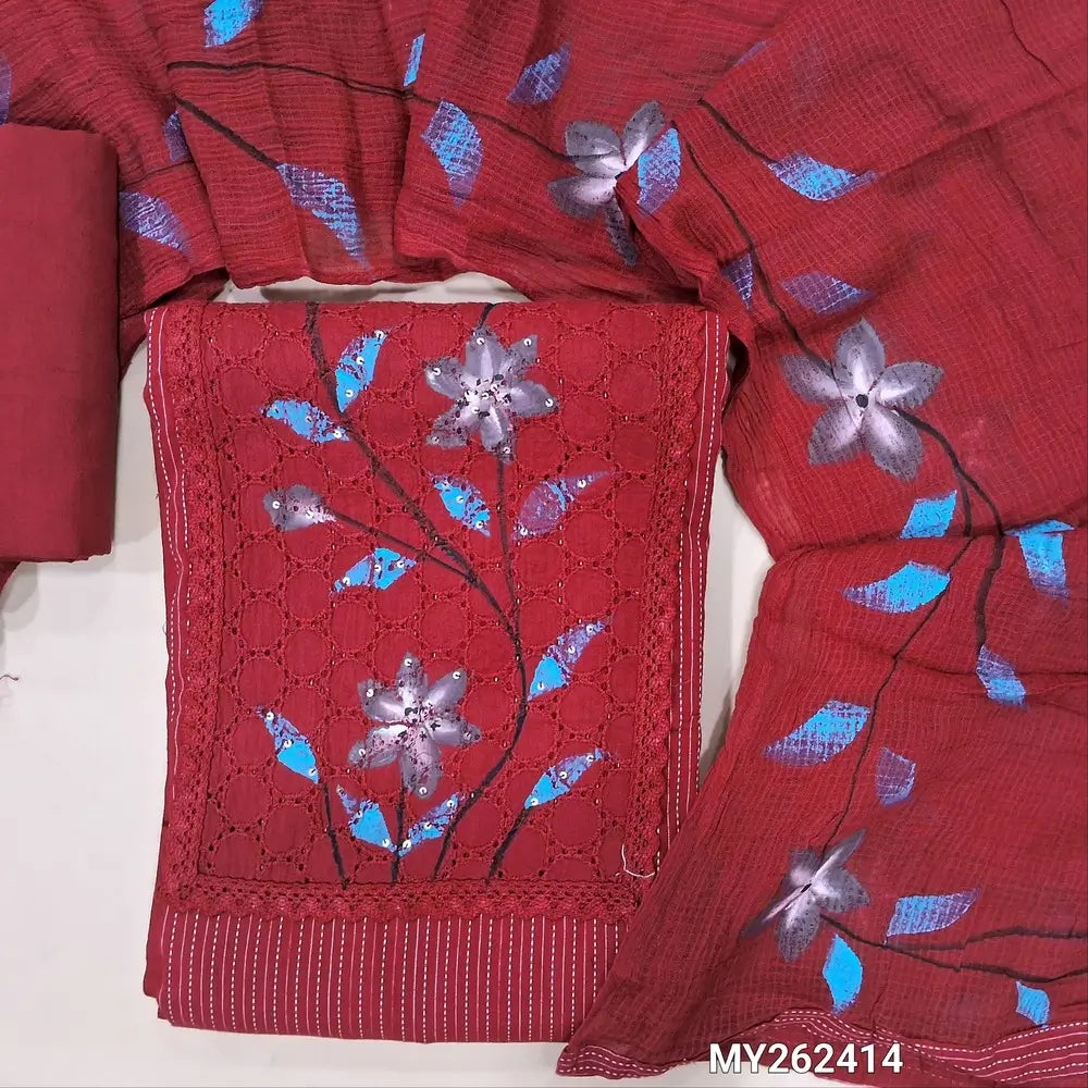 Red Pure kantha cotton unstitched salwar material,schiffli work and brush paint on yoke,(Lining optional)matching cotton bottom,brush paint work on pure kota cotton dupatta. MY262414