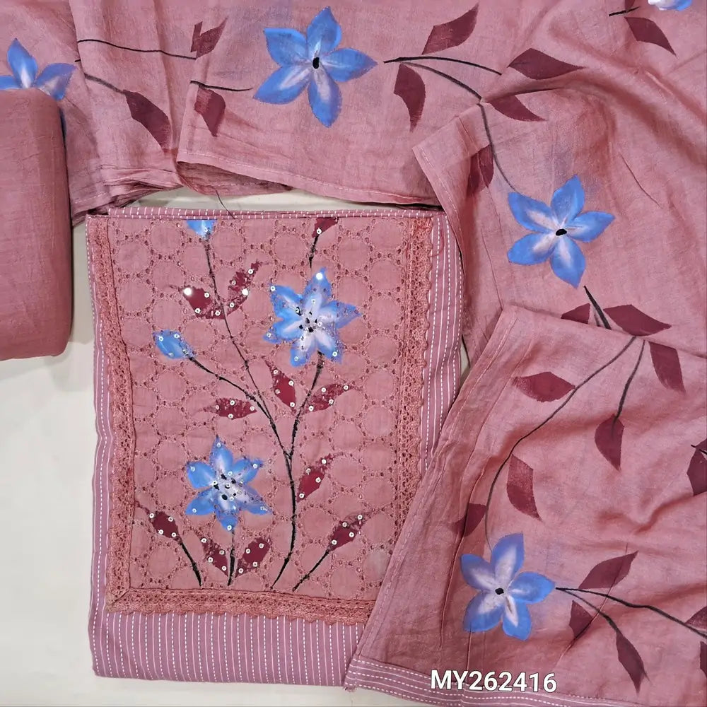 Pastel pink Pure kantha cotton unstitched salwar material,schiffli work and brush paint on yoke,(Lining optional)matching cotton bottom,brush paint work on soft silk cotton dupatta. MY262416