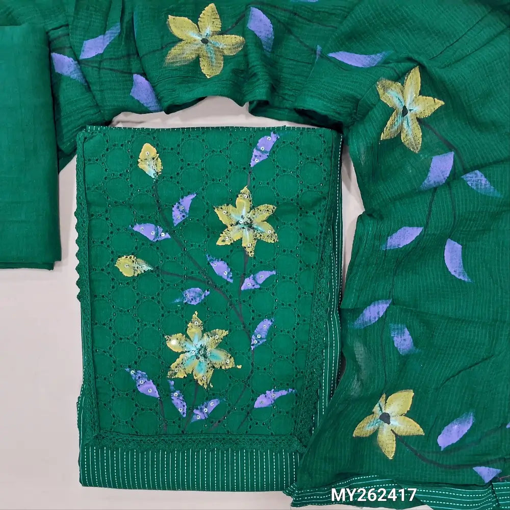 Dark green Pure kantha cotton unstitched salwar material,schiffli work and brush paint on yoke,(Lining optional)matching cotton bottom,brush paint work on pure kota cotton dupatta. MY262417
