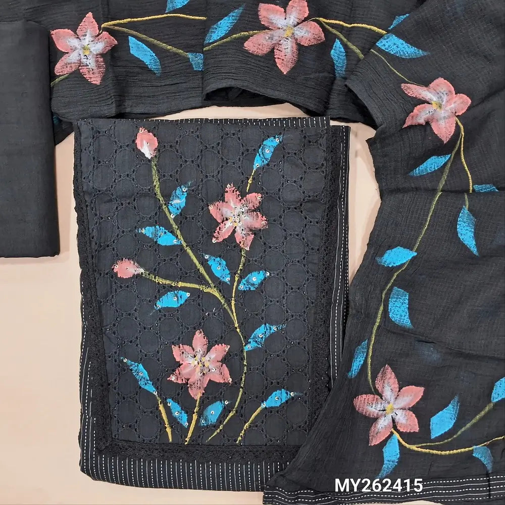 Black Pure kantha cotton unstitched salwar material,schiffli work and brush paint on yoke,(Lining optional)matching cotton bottom,brush paint work on pure kota cotton dupatta. MY262415