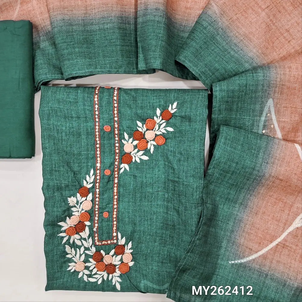 Teal green jute silk unstitched salwar material, hand embroidery wok on yoke,digital printed, kantha stitch and french knot daman,(thin,textured,lining needed)santoon bottom, hand embroidery and printed jute silk dupatta. MY262412