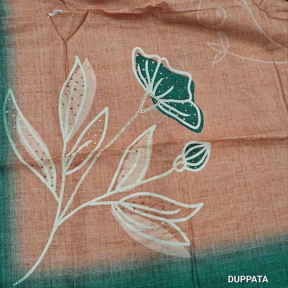 Teal green jute silk unstitched salwar material, hand embroidery wok on yoke,digital printed, kantha stitch and french knot daman,(thin,textured,lining needed)santoon bottom, hand embroidery and printed jute silk dupatta. MY262412