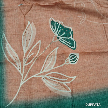 Teal green jute silk unstitched salwar material, hand embroidery wok on yoke,digital printed, kantha stitch and french knot daman,(thin,textured,lining needed)santoon bottom, hand embroidery and printed jute silk dupatta. MY262412