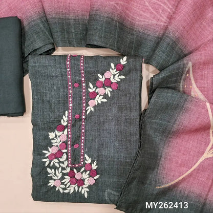 Dark grey jute silk unstitched salwar material, hand embroidery wok on yoke,digital printed, kantha stitch and french knot daman,(thin,textured,lining needed)santoon bottom, hand embroidery and printed jute silk dupatta. MY262413