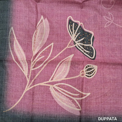 Dark grey jute silk unstitched salwar material, hand embroidery wok on yoke,digital printed, kantha stitch and french knot daman,(thin,textured,lining needed)santoon bottom, hand embroidery and printed jute silk dupatta. MY262413