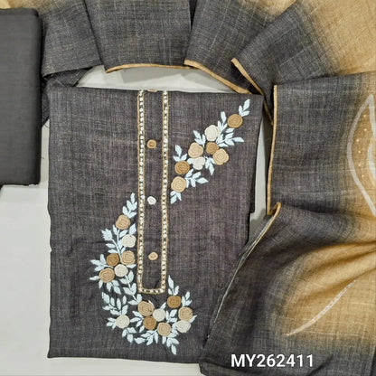 Dark brown jute silk unstitched salwar material, hand embroidery wok on yoke,digital printed, kantha stitch and french knot daman,(thin,textured,lining needed)santoon bottom, hand embroidery and printed jute silk dupatta. MY262411