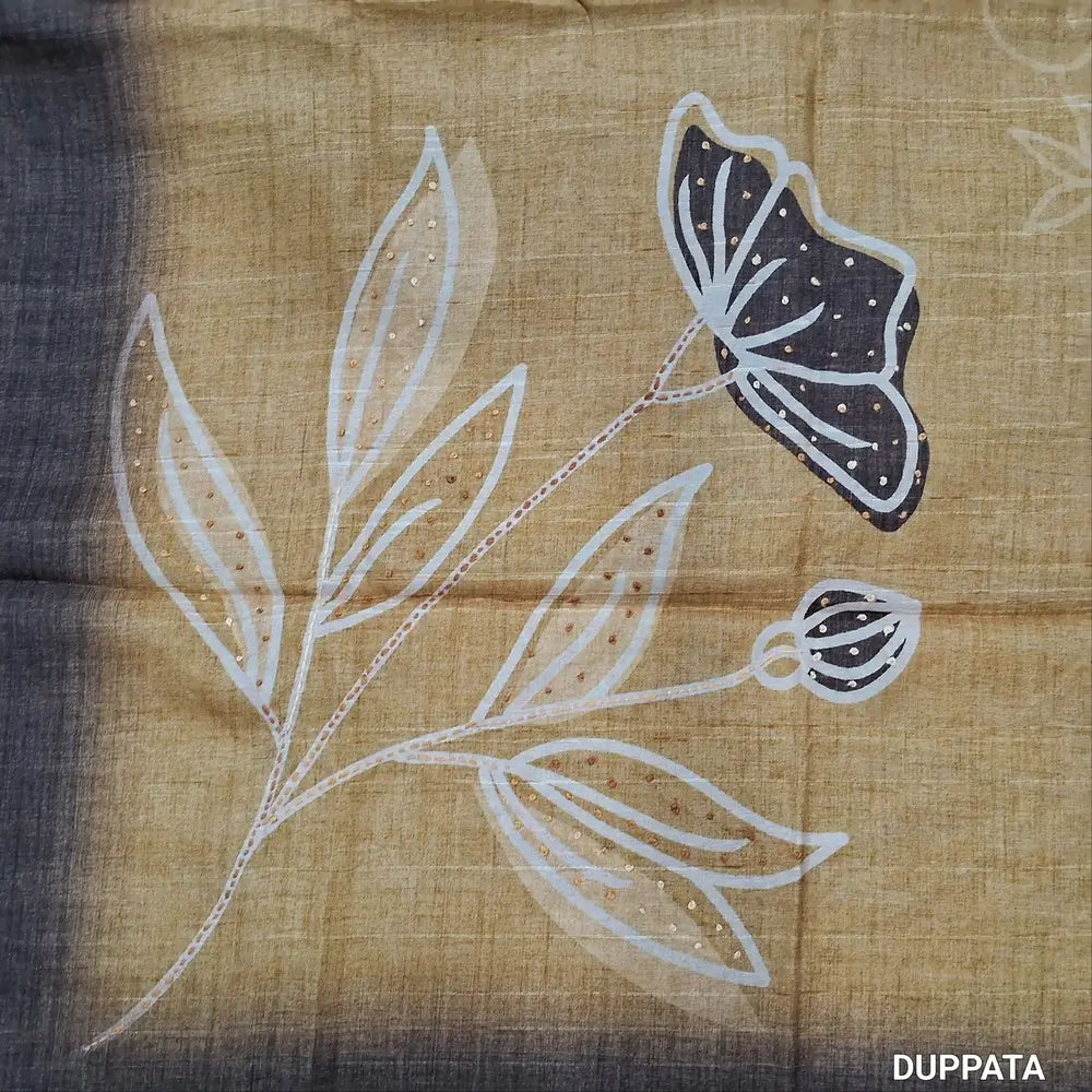 Dark brown jute silk unstitched salwar material, hand embroidery wok on yoke,digital printed, kantha stitch and french knot daman,(thin,textured,lining needed)santoon bottom, hand embroidery and printed jute silk dupatta. MY262411
