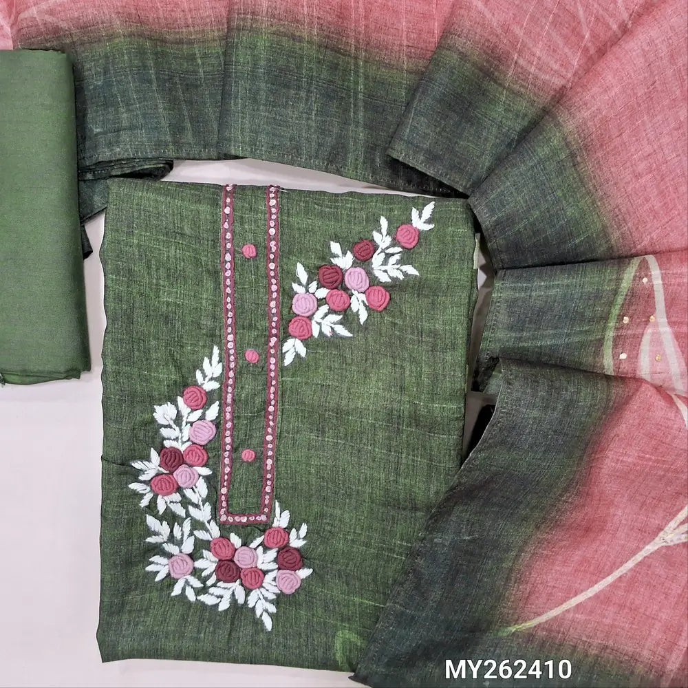 Dark olive green jute silk unstitched salwar material, hand embroidery wok on yoke,digital printed, kantha stitch and french knot daman,(thin,textured,lining needed)santoon bottom, hand embroidery and printed jute silk dupatta. MY262410