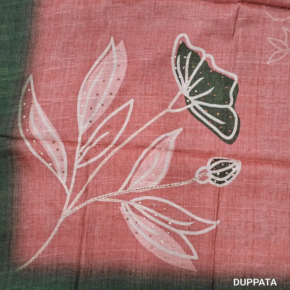 Dark olive green jute silk unstitched salwar material, hand embroidery wok on yoke,digital printed, kantha stitch and french knot daman,(thin,textured,lining needed)santoon bottom, hand embroidery and printed jute silk dupatta. MY262410