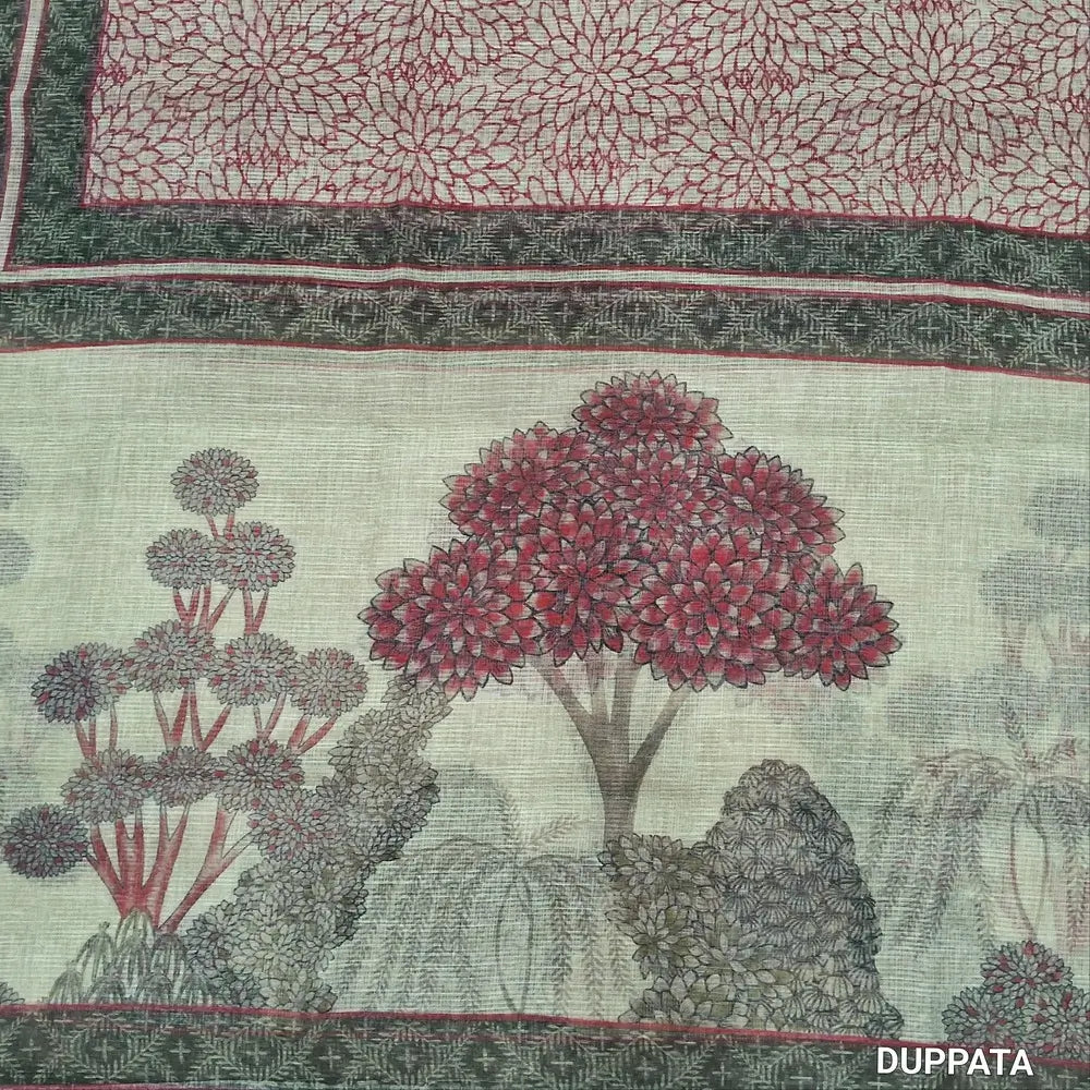 Sage green benarasi chanderi kota unstitched salwar material, zari buttas all over,digital printed on daman,( lining needed)spun cotton bottom,floral printed premium kota dupatta with pallu. MY262418