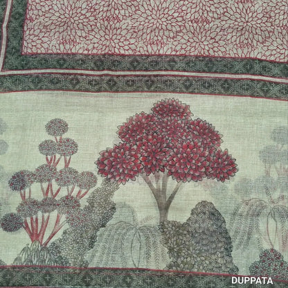 Sage green benarasi chanderi kota unstitched salwar material, zari buttas all over,digital printed on daman,( lining needed)spun cotton bottom,floral printed premium kota dupatta with pallu. MY262418