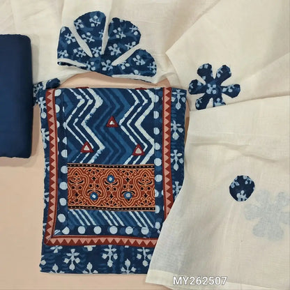 Indigo blue pure dabu cotton unstitched salwar material,ajrak yoke patch with real mirror work on yoke,(lining optional)matching cotton bottom, applique work on full length mul cotton dupatta. MY262507