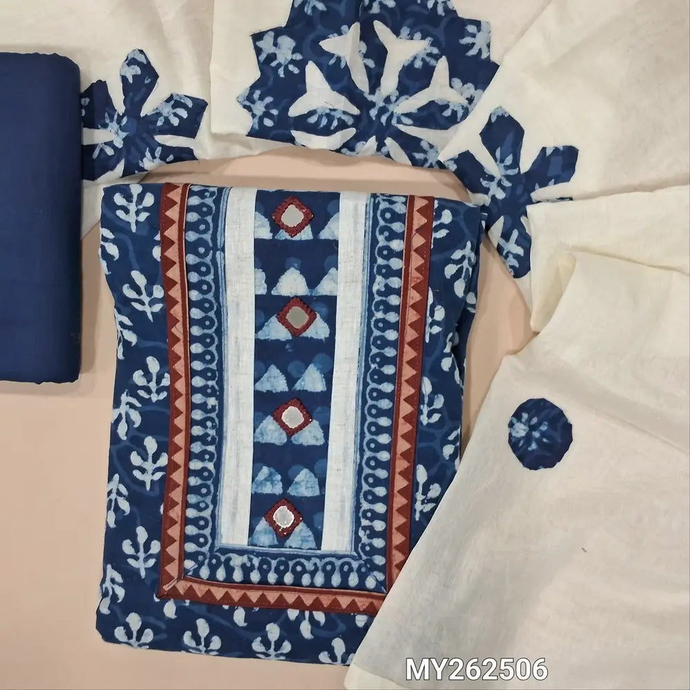 Indigo blue pure dabu cotton unstitched salwar material,ajrak yoke patch with real mirror work on yoke,(lining optional)matching cotton bottom, applique work on full length mul cotton dupatta. MY262506
