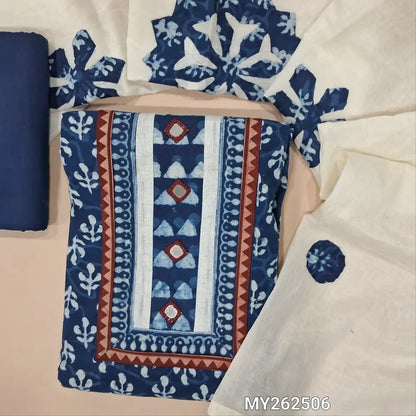 Indigo blue pure dabu cotton unstitched salwar material,ajrak yoke patch with real mirror work on yoke,(lining optional)matching cotton bottom, applique work on full length mul cotton dupatta. MY262506
