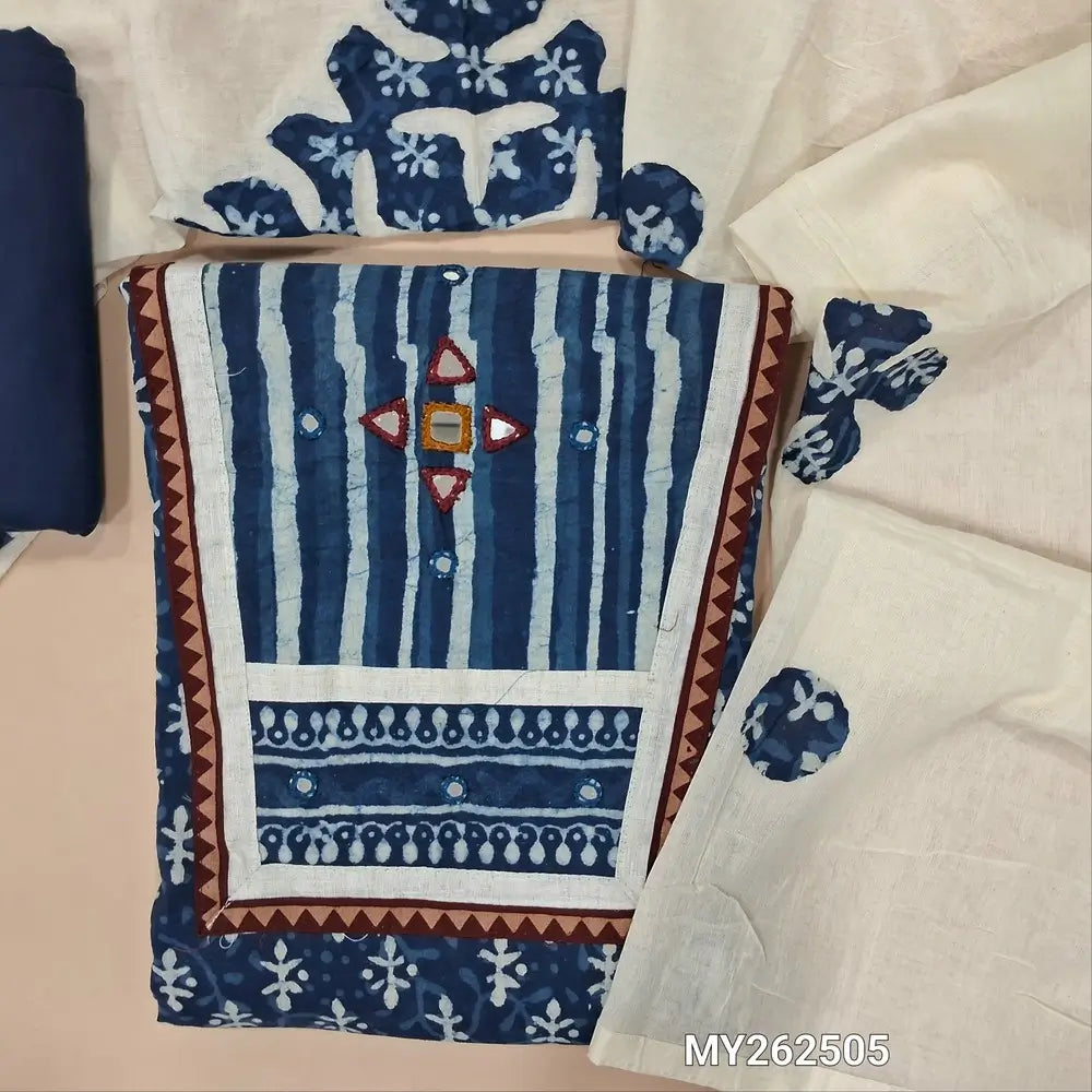 Indigo blue pure dabu cotton unstitched salwar material,ajrak yoke patch with real mirror work on yoke,(lining optional)matching cotton bottom, applique work on full length mul cotton dupatta. MY262505