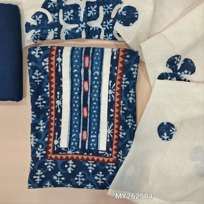 Indigo blue pure dabu cotton unstitched salwar material,ajrak yoke patch with real mirror work on yoke,(lining optional)matching cotton bottom, applique work on full length mul cotton dupatta. MY262504