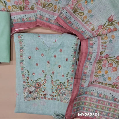 Designer pastel blue digital printed premium linen unstitched salwar material,sugar bead & sequins work on yoke(lining needed) floral printed all over,cotton lining provided, NO BOTTOM,digital printed pure linen dupatta. MY262501