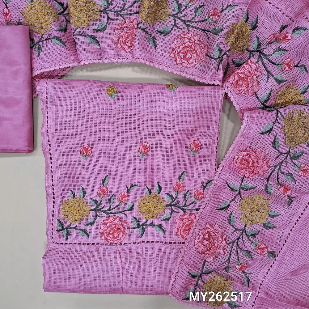Lotus pink premium kota unstitched salwar material (lining needed) embroidery & lace work on yoke, self checked design all over,silky fabric for bottom,embroidery work on premium kota dupatta. MY262517