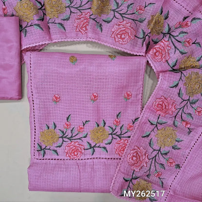 Lotus pink premium kota unstitched salwar material (lining needed) embroidery & lace work on yoke, self checked design all over,silky fabric for bottom,embroidery work on premium kota dupatta. MY262517