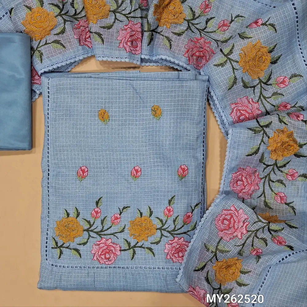 Powder blue premium kota unstitched salwar material (lining needed) embroidery & lace work on yoke, self checked design all over,silky fabric for bottom,embroidery work on premium kota dupatta. MY262520