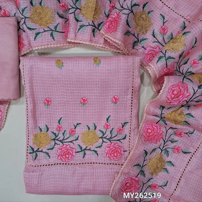 Pastel pink premium kota unstitched salwar material (lining needed) embroidery & lace work on yoke, self checked design all over,silky fabric for bottom,embroidery work on premium kota dupatta. MY262519