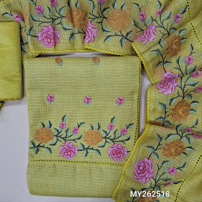Mehandhi yellow premium kota unstitched salwar material (lining needed) embroidery & lace work on yoke, self checked design all over,silky fabric for bottom,embroidery work on premium kota dupatta. MY262518