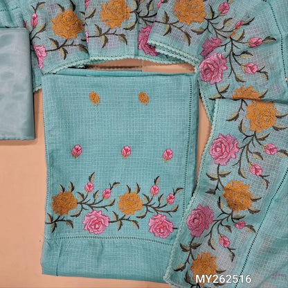 Pastel blue premium kota unstitched salwar material (lining needed) embroidery & lace work on yoke, self checked design all over,silky fabric for bottom,embroidery work on premium kota dupatta. MY262516