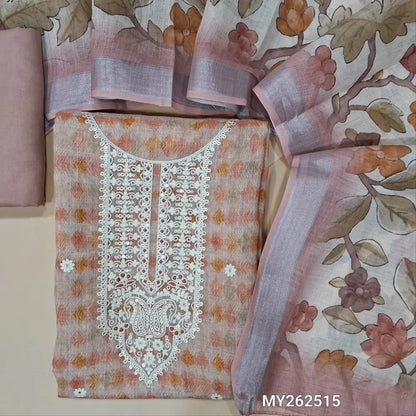 Light onion pink semi linen unstitched salwar material(lining needed)thread embroidery round neck on yoke, embroidery all over, spun cotton bottom, floral printed semi linen dupatta with silver borders. MY262515