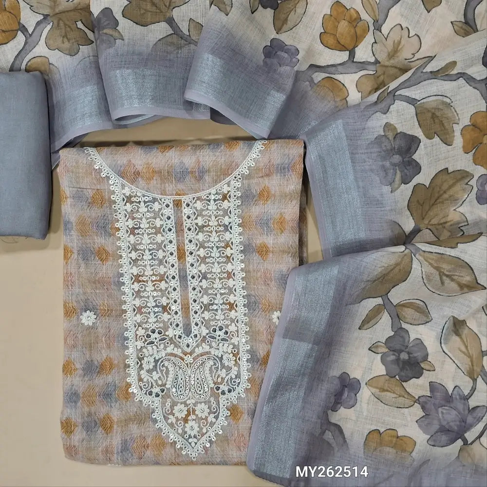 Grey semi linen unstitched salwar material(lining needed)thread embroidery round neck on yoke, embroidery all over, spun cotton bottom, floral printed semi linen dupatta with silver borders. MY262514