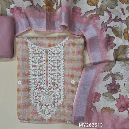 Light beige semi linen unstitched salwar material(lining needed)thread embroidery round neck on yoke, embroidery all over, pastel pink spun cotton bottom, floral printed semi linen dupatta with silver borders. MY262513