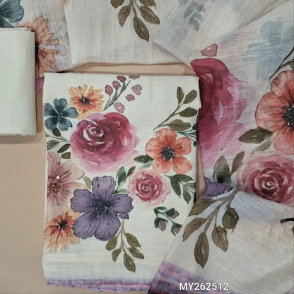 Off white floral printed premium linen unstitched salwar material(lining needed) zari work on yoke,bead work  all over,matching spun cotton bottom,floral printed semi linen full length dupatta with borders. MY262512