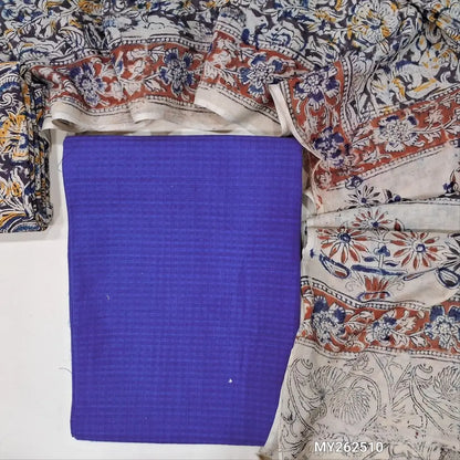 Ink blue soft handloom cotton unstitched salwar material (lining needed)self cheked on weaving deisgn all over, block printed kalamkari bottom,hand block printed with kalamkari mul cotton dupatta.(TAPING NEEDED) MY262510
