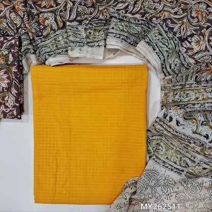 Mehandhi yellow soft handloom cotton unstitched salwar material (lining needed)self cheked on weaving deisgn all over, block printed kalamkari bottom,hand block printed with kalamkari mul cotton dupatta.(TAPING NEEDED) MY262511