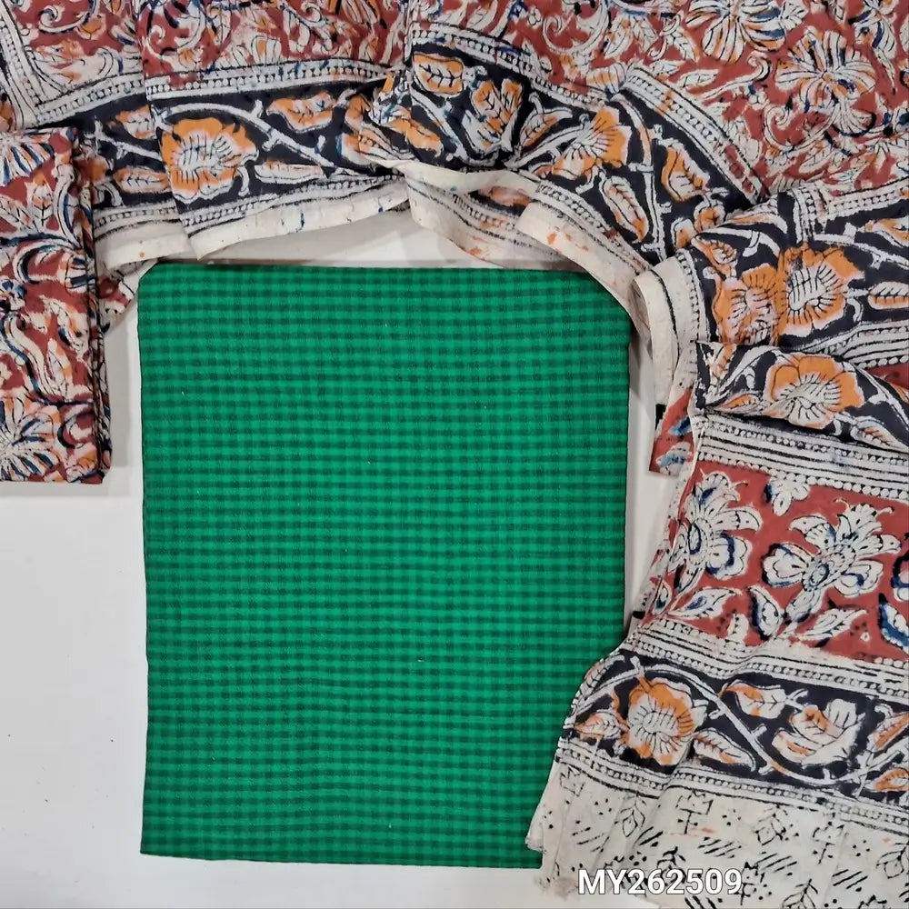 Emerald green soft handloom cotton unstitched salwar material (lining needed)self cheked on weaving deisgn all over, block printed kalamkari bottom,hand block printed with kalamkari mul cotton dupatta.(TAPING NEEDED) MY262509