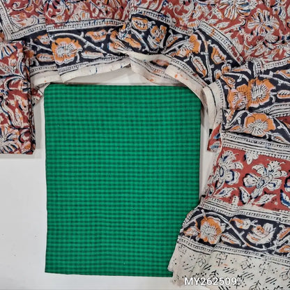 Emerald green soft handloom cotton unstitched salwar material (lining needed)self cheked on weaving deisgn all over, block printed kalamkari bottom,hand block printed with kalamkari mul cotton dupatta.(TAPING NEEDED) MY262509