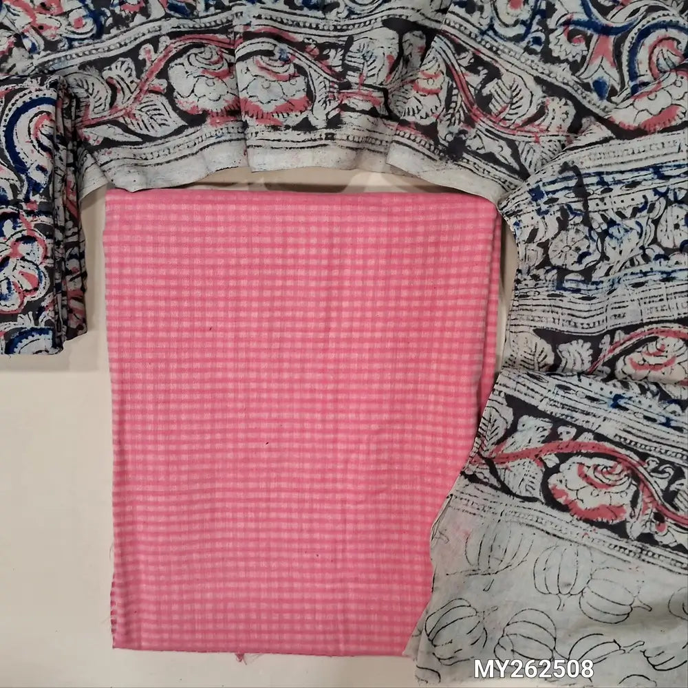 Pastel pink soft handloom cotton unstitched salwar material (lining needed)self cheked on weaving deisgn all over, block printed kalamkari bottom,hand block printed with kalamkari mul cotton dupatta.(TAPING NEEDED) MY262508