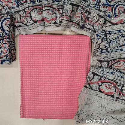 Pastel pink soft handloom cotton unstitched salwar material (lining needed)self cheked on weaving deisgn all over, block printed kalamkari bottom,hand block printed with kalamkari mul cotton dupatta.(TAPING NEEDED) MY262508