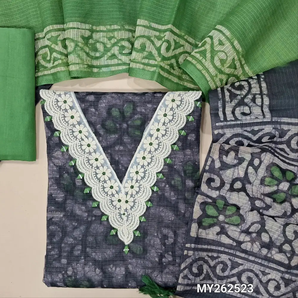Deisgner dark blue batik kota unstitched salwar material,lace detailing and real mirror work on yoke,printed all over,(lining needed)green cotton bottom,batik design on kota dupatta. MY262523
