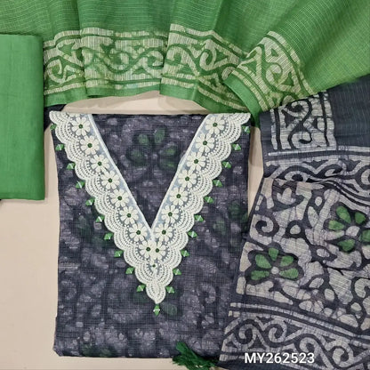 Deisgner dark blue batik kota unstitched salwar material,lace detailing and real mirror work on yoke,printed all over,(lining needed)green cotton bottom,batik design on kota dupatta. MY262523