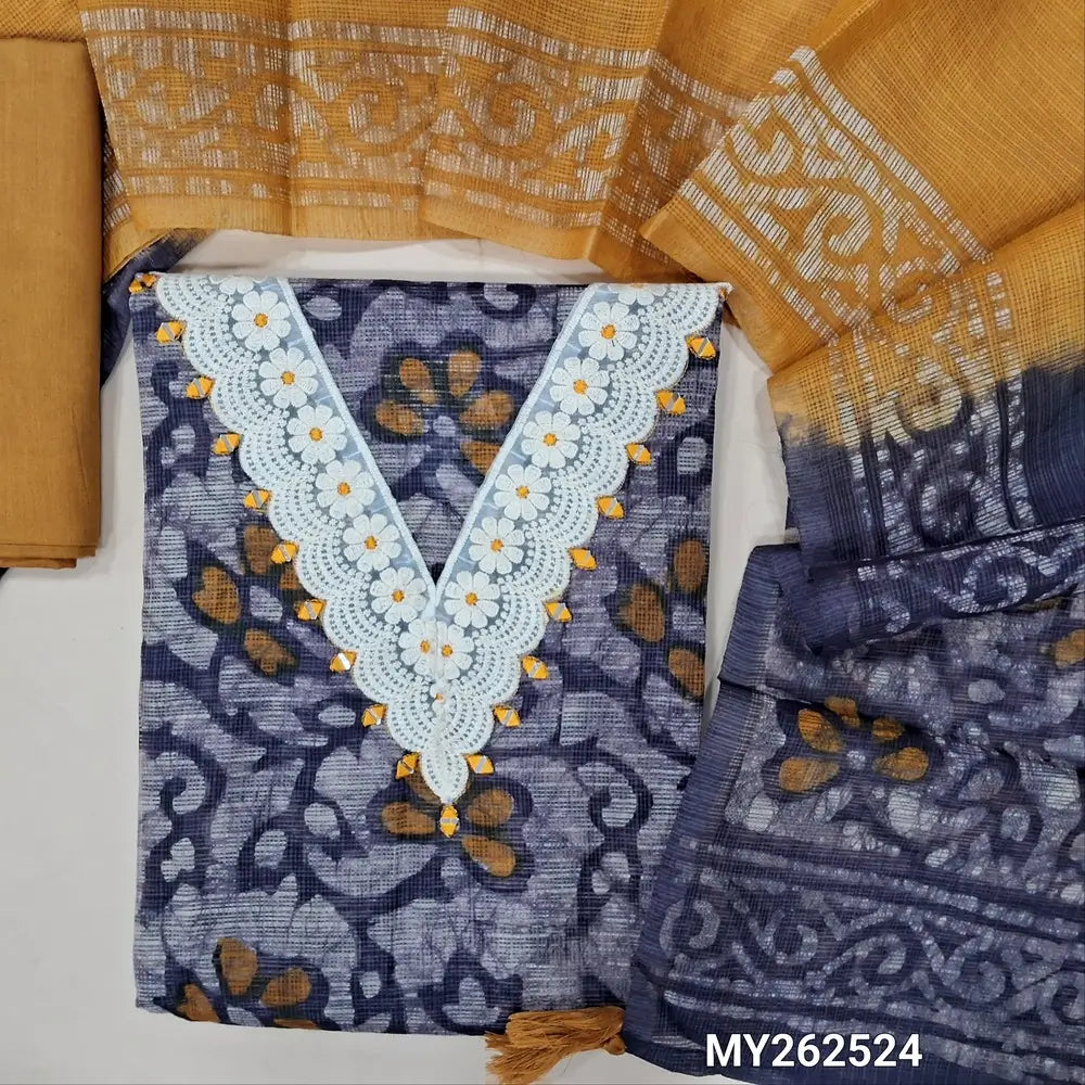 Deisgner dark blue batik kota unstitched salwar material,lace detailing and real mirror work on yoke,printed all over,(lining needed) mehandhi yellow cotton bottom,batik design on kota dupatta. MY262524