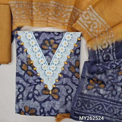 Deisgner dark blue batik kota unstitched salwar material,lace detailing and real mirror work on yoke,printed all over,(lining needed) mehandhi yellow cotton bottom,batik design on kota dupatta. MY262524