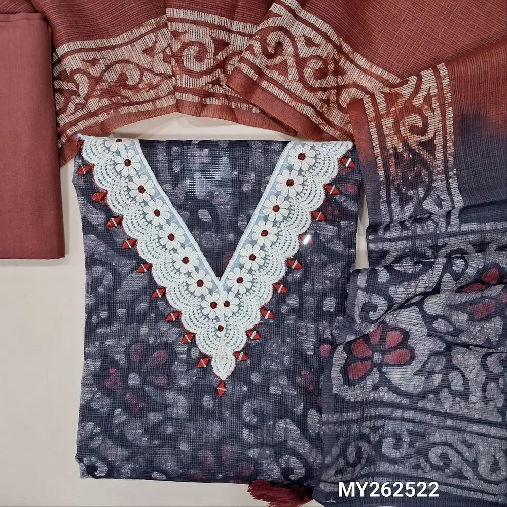 Deisgner dark blue batik kota unstitched salwar material,lace detailing and real mirror work on yoke,printed all over,(lining needed)dark maroon cotton bottom,batik design on kota dupatta. MY262522