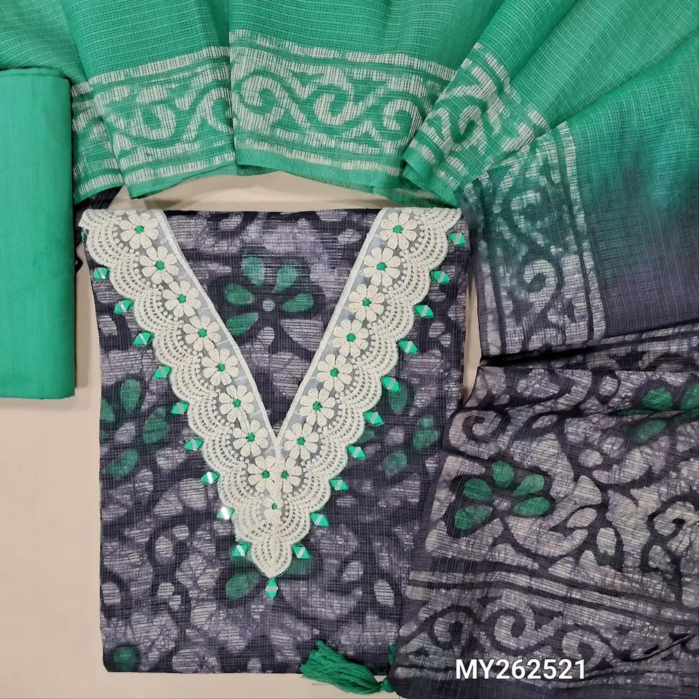Deisgner dark blue batik kota unstitched salwar material,lace detailing and real mirror work on yoke,printed all over,(lining needed)turquoise green cotton bottom,batik design on kota dupatta. MY262521