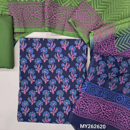Dark blue soft cotton hand block printed unstitched salwar material (Thin, Lining Needed)green  cotton bottom, block printed dual shaded chiffon dupatta. MY262620