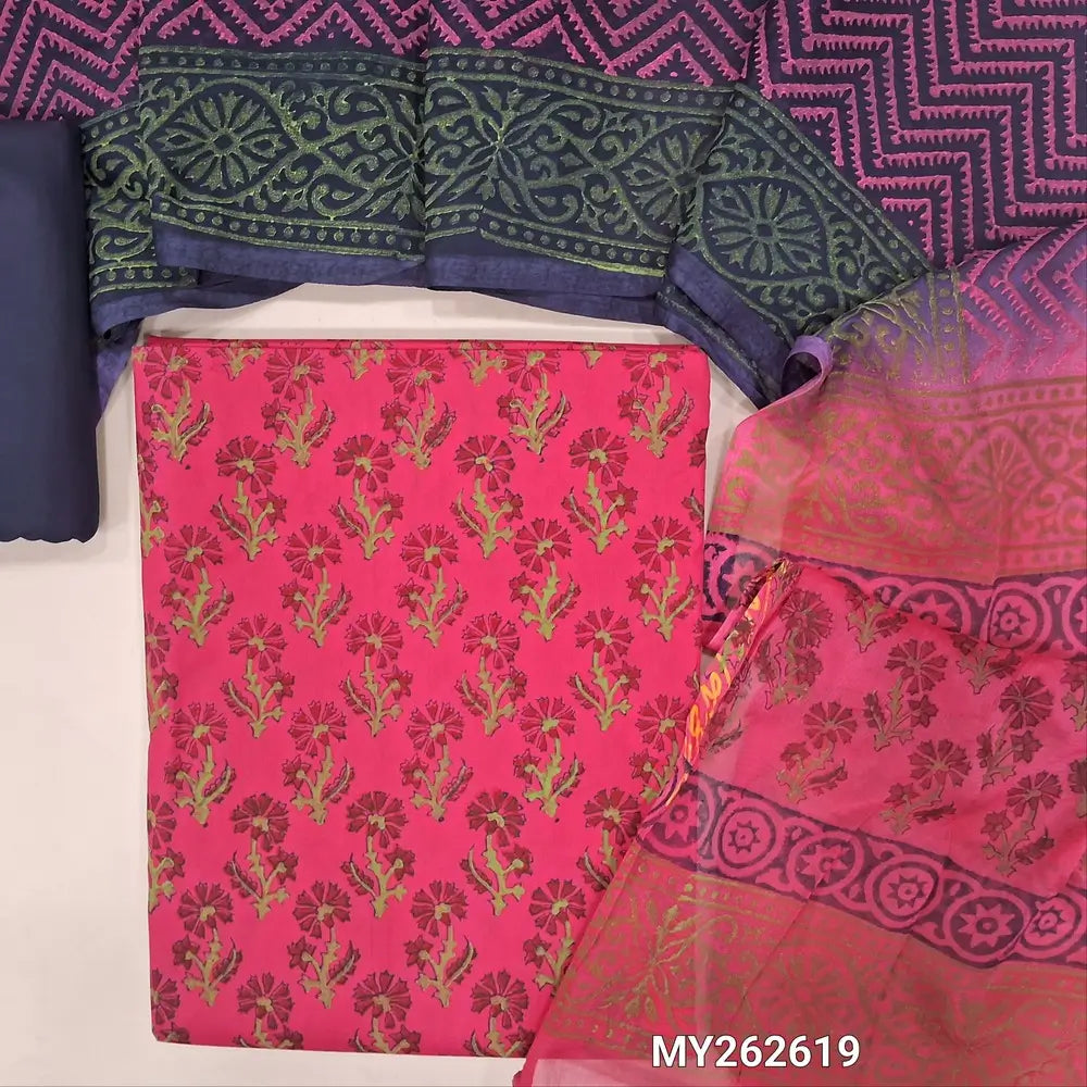 Bright pink soft cotton hand block printed unstitched salwar material (Thin, Lining Needed)blue cotton bottom, block printed dual shaded chiffon dupatta. MY262619