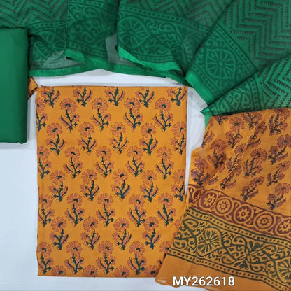 Mehandhi yellow soft cotton hand block printed unstitched salwar material (Thin, Lining Needed)dark green cotton bottom, block printed dual shaded chiffon dupatta. MY262618