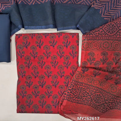 Red soft cotton hand block printed unstitched salwar material (Thin, Lining Needed) blue cotton bottom, block printed dual shaded chiffon dupatta. MY262617